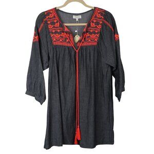 NWT Velzera Womens S Embroidered Peasant Tunic Top Chambray Cotton